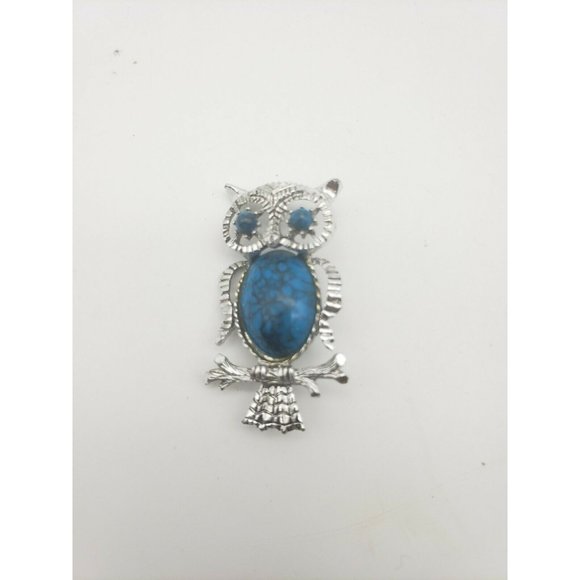 Vintage Signed Gerry’s Pin/Brooch Owl Silver Tone And Blue Turquoise - Picture 1 of 5